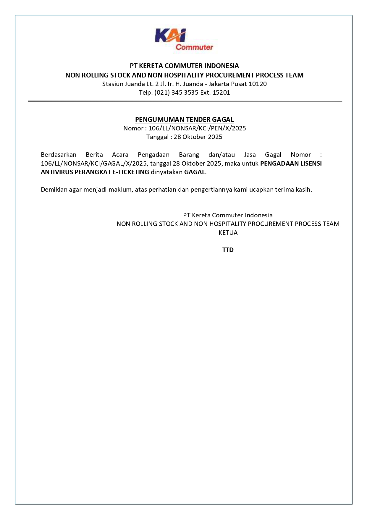 7 pengumuman tender gagal 106 pengadaan lisensi antivirus perangkat e ticketing page 0001